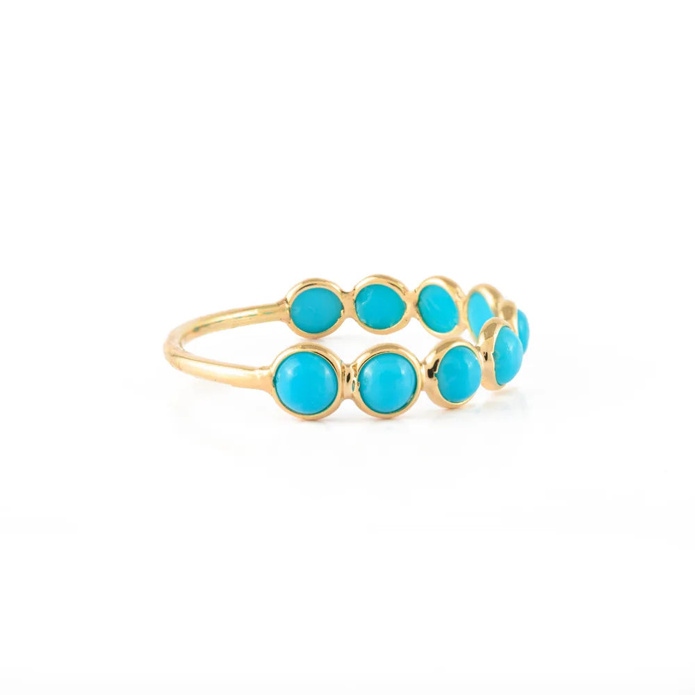 Fine Jewelry Natural Turquoise 14K Solid Yellow Gold Half Eternity Band Ring