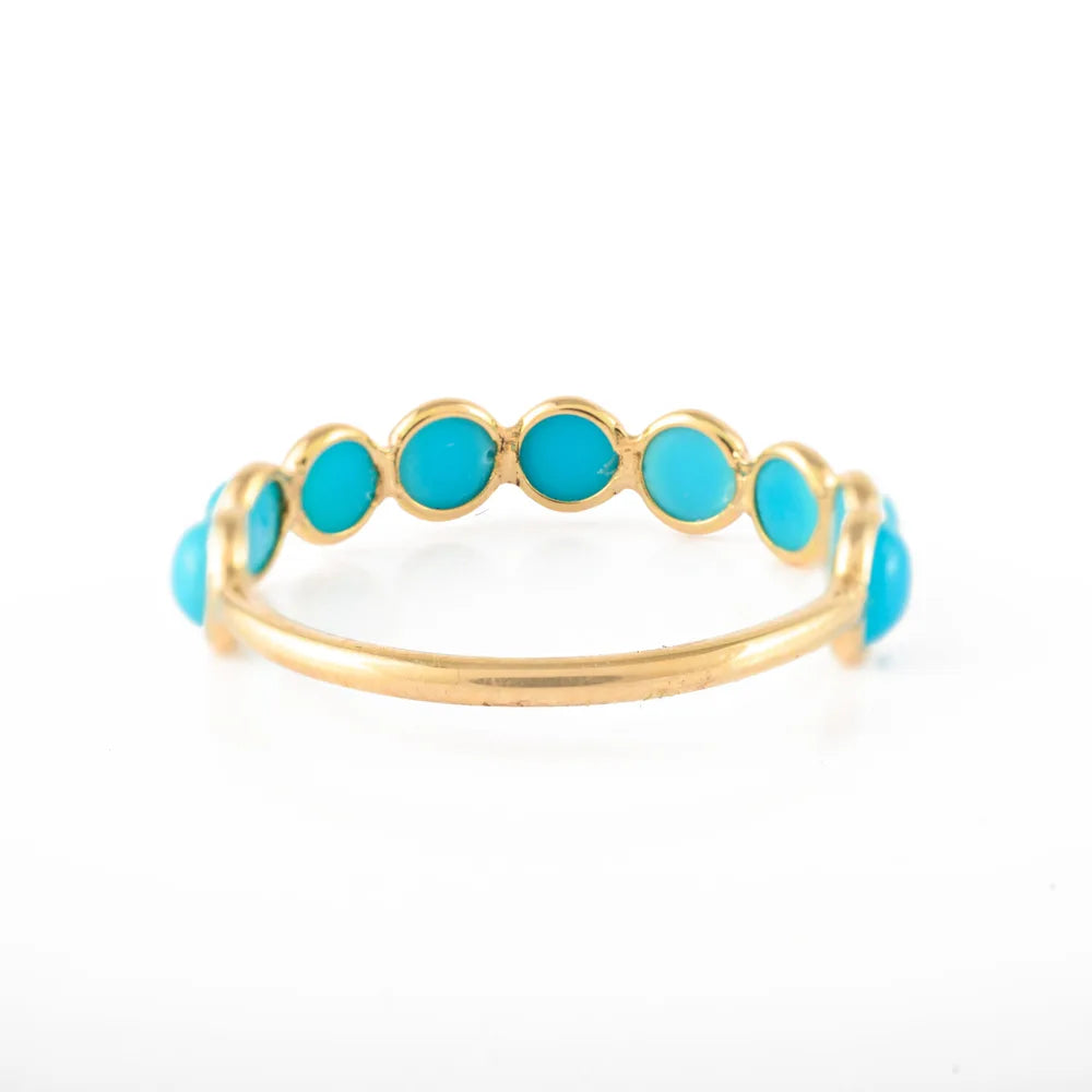 Fine Jewelry Natural Turquoise 14K Solid Yellow Gold Half Eternity Band Ring