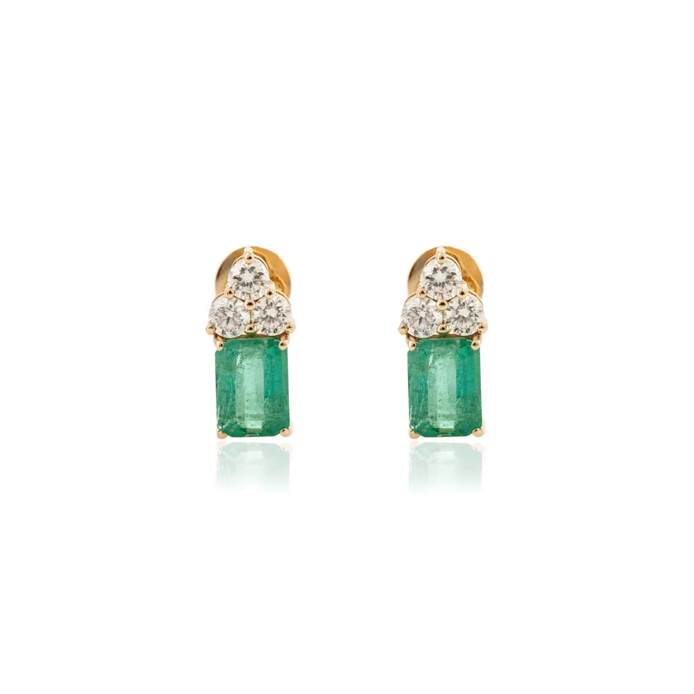 Birthstone Jewelry 18K Solid Yellow Gold Emerald & Diamond Stud Earring