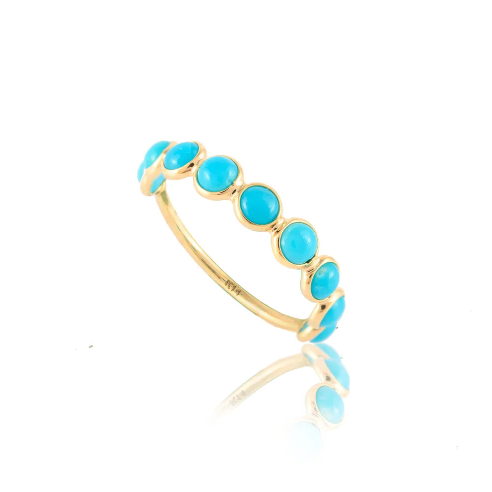 Fine Jewelry Natural Turquoise 14K Solid Yellow Gold Half Eternity Band Ring