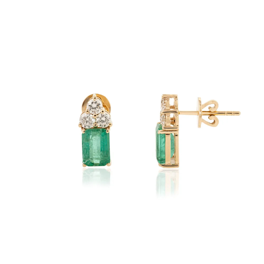 Birthstone Jewelry 18K Solid Yellow Gold Emerald & Diamond Stud Earring