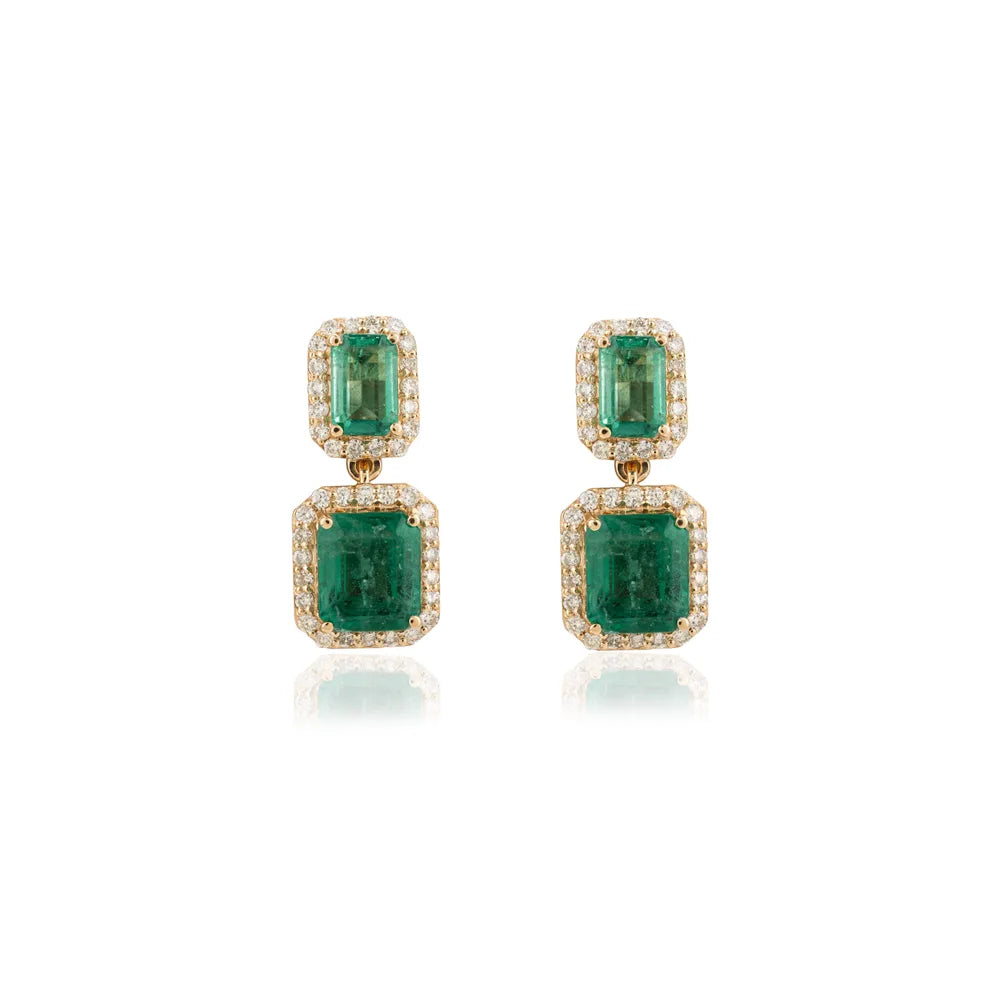 Best Quality Product Emerald & Diamond Solid Yellow Gold Dangle Earring