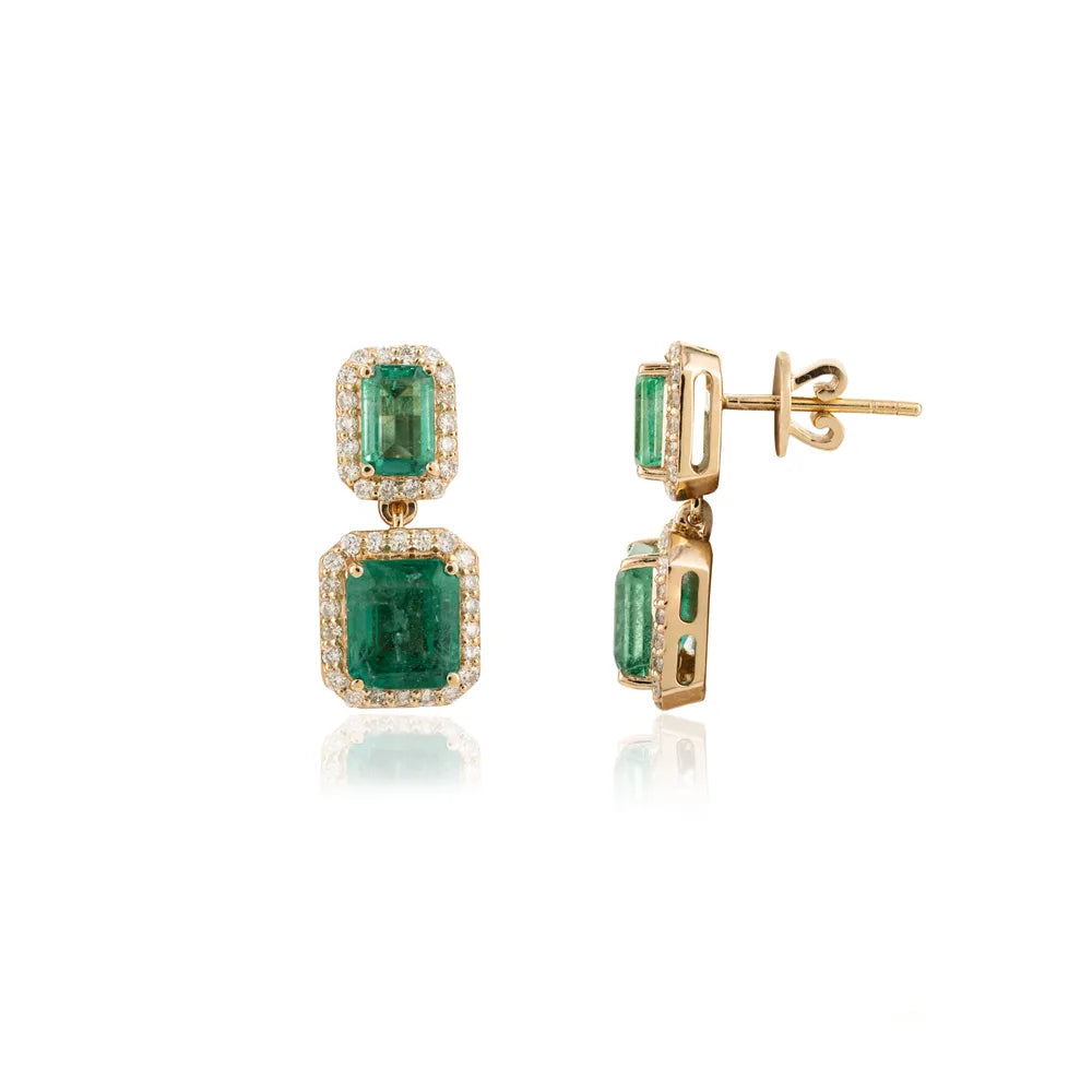 Best Quality Product Emerald & Diamond Solid Yellow Gold Dangle Earring