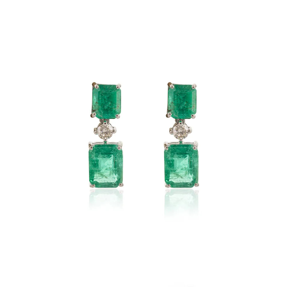 May Birthstone natural Emerald & Diamond Solid 18K White Gold Dangle Earring