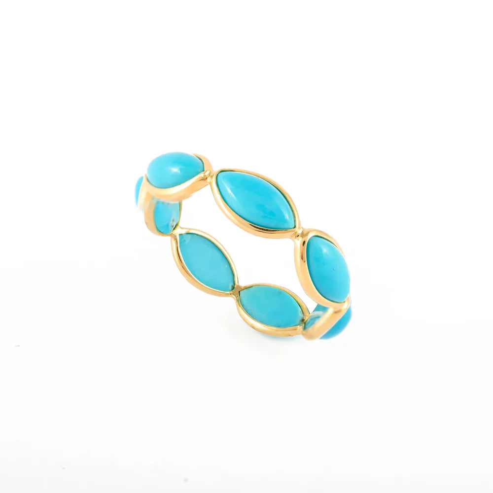 18K Yellow Gold Natural Turquoise Gemstone Full Eternity Band Ring