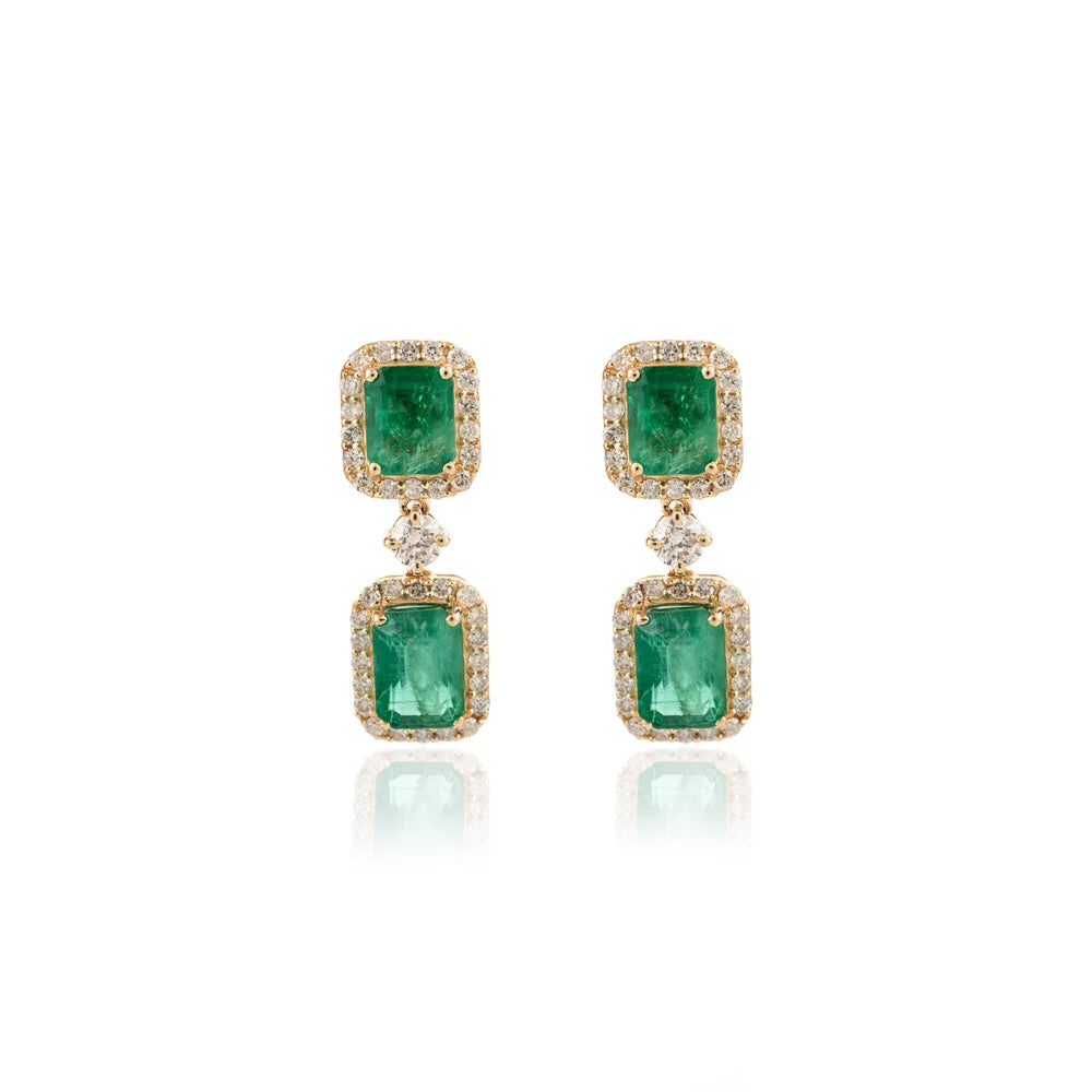 18K Yellow Gold Emerald & Diamond Dangle Earring Designer Jewelry