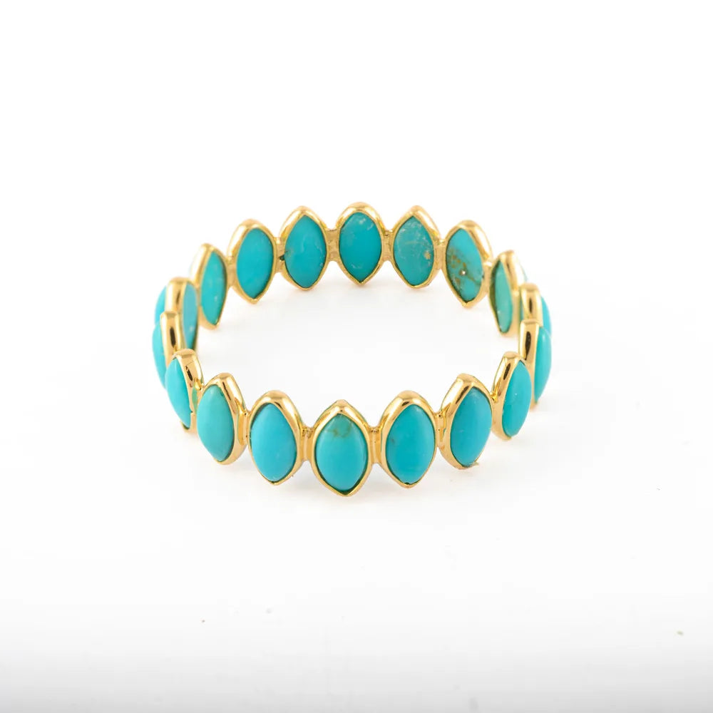 Fine Jewelry Natural Turquoise 18K Solid Yellow Gold Promise Band Rings