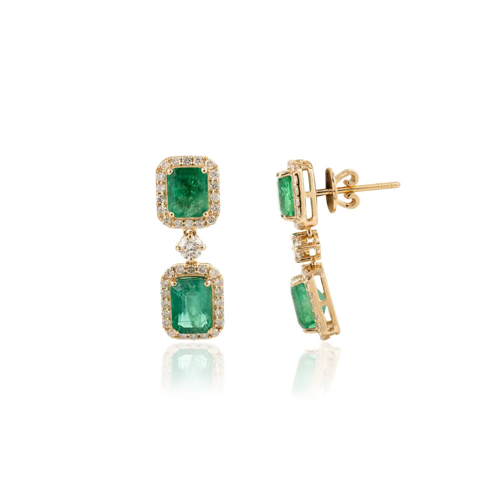 18K Yellow Gold Emerald & Diamond Dangle Earring Designer Jewelry