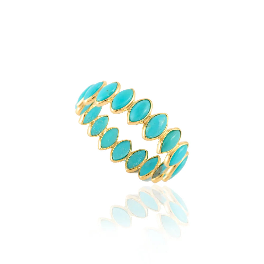 Fine Jewelry Natural Turquoise 18K Solid Yellow Gold Promise Band Rings