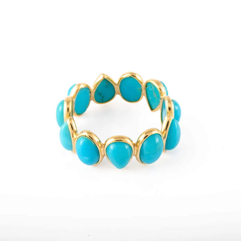 Minimal Jewelry 18K Solid Yellow Gold Natural Turquoise Gemstones Full Eternity Band Ring