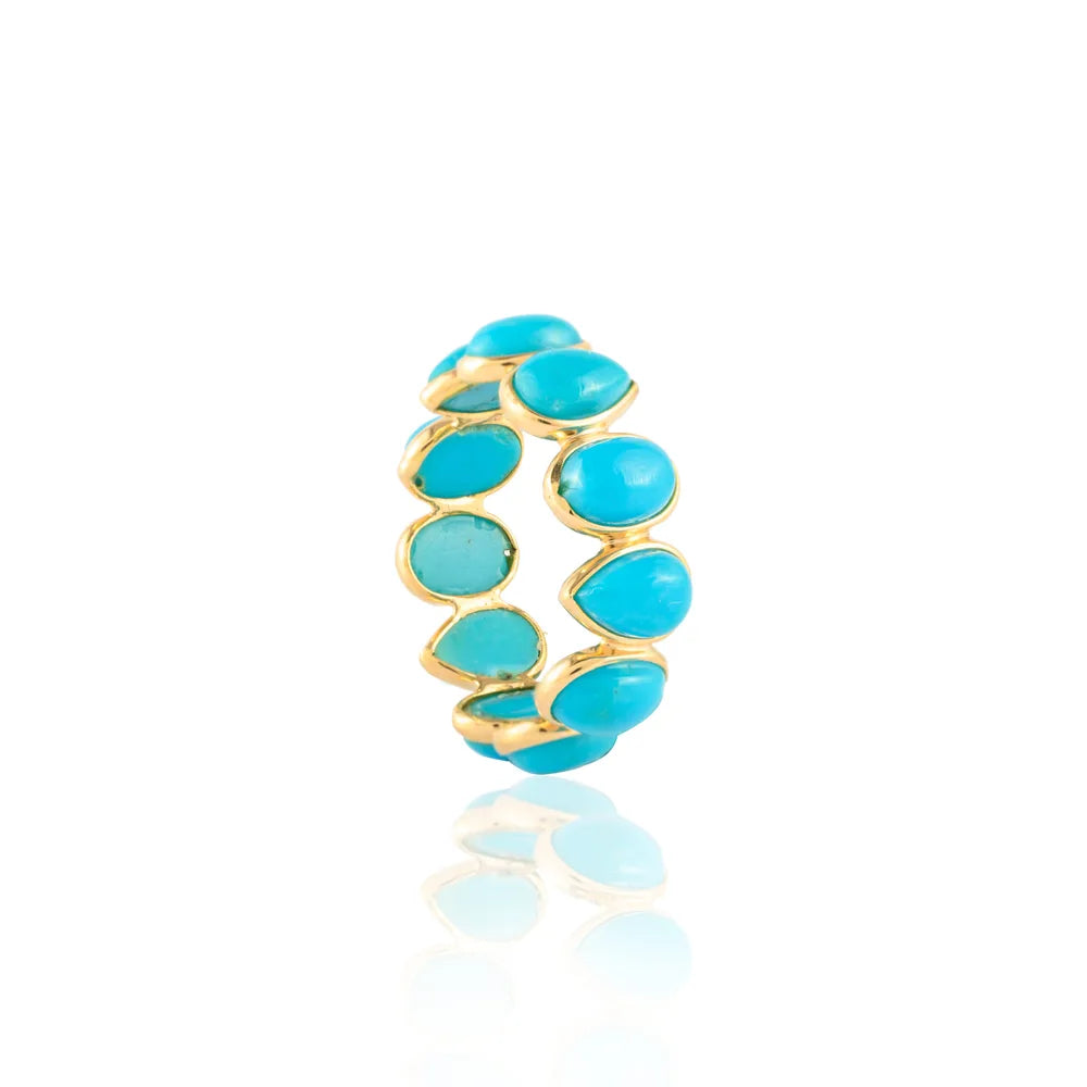 Minimal Jewelry 18K Solid Yellow Gold Natural Turquoise Gemstones Full Eternity Band Ring