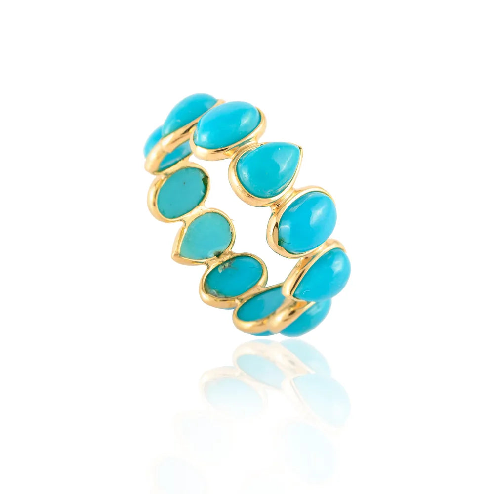 Minimal Jewelry 18K Solid Yellow Gold Natural Turquoise Gemstones Full Eternity Band Ring