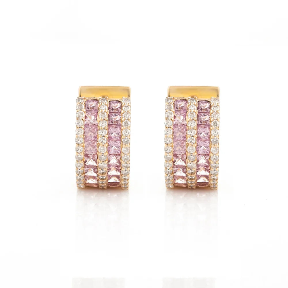 Handmade Natural Pink Sapphire & Diamond 18K Yellow Gold Hoop Earrings