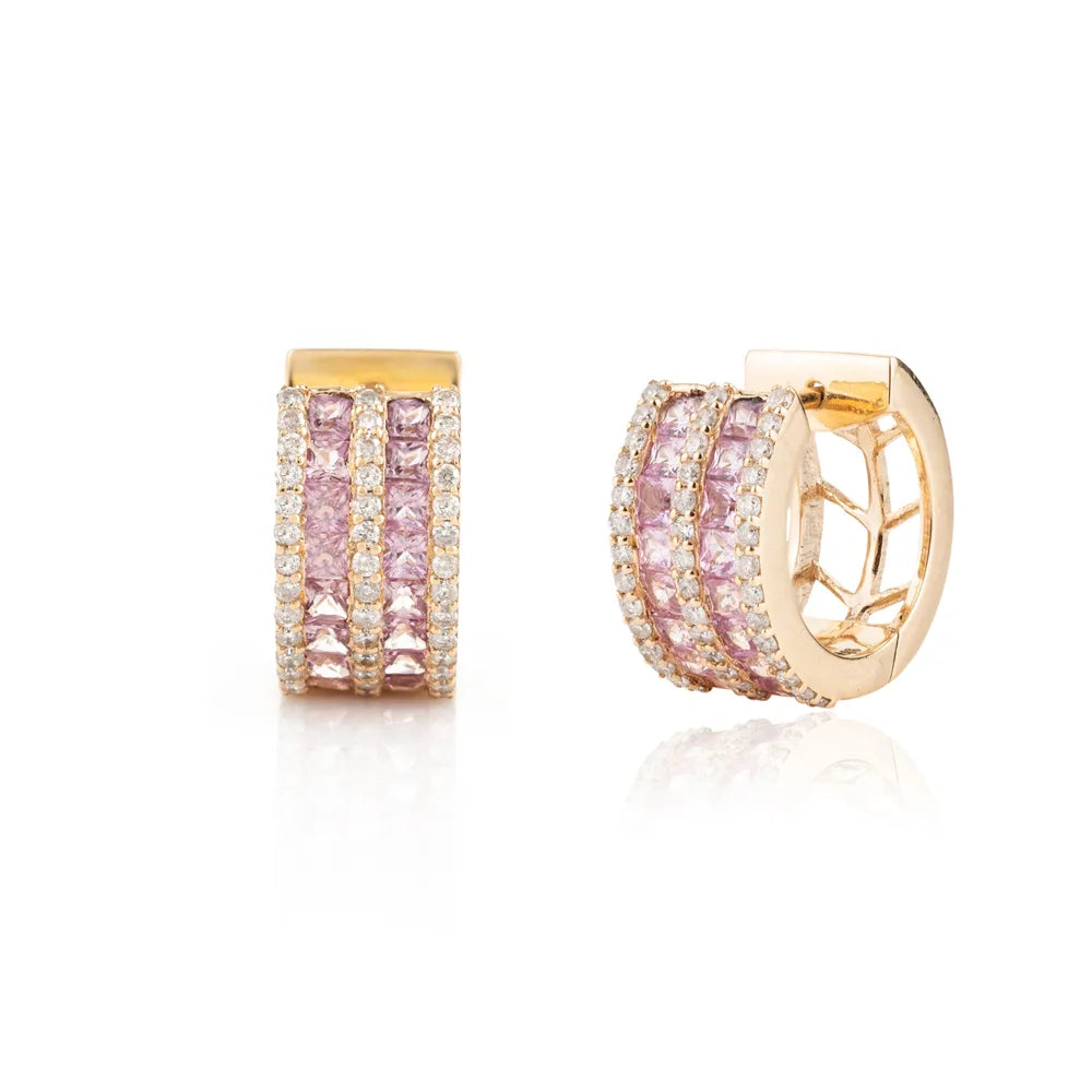 Handmade Natural Pink Sapphire & Diamond 18K Yellow Gold Hoop Earrings