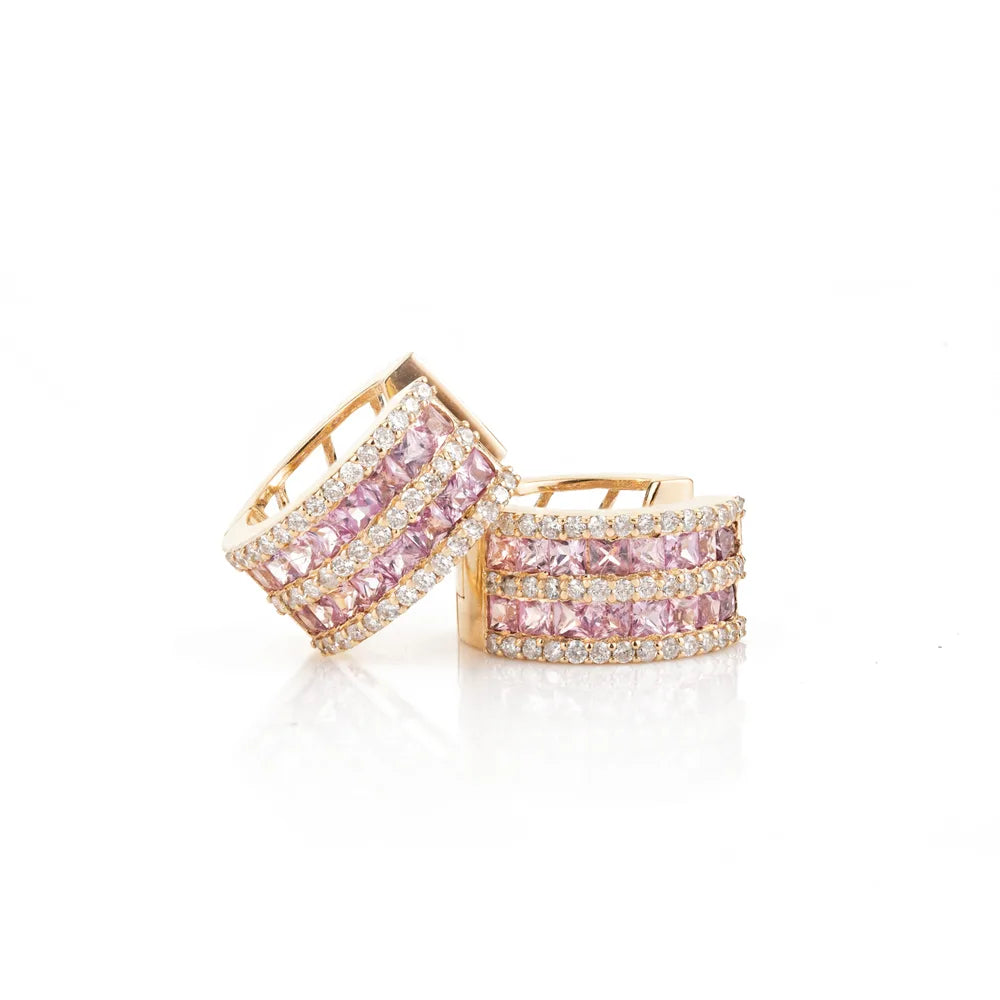 Handmade Natural Pink Sapphire & Diamond 18K Yellow Gold Hoop Earrings