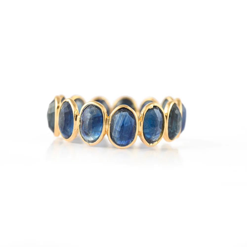 Handcrafted Natural Blue Sapphire 18K Solid Yellow Gold Full Stackable Band Rings