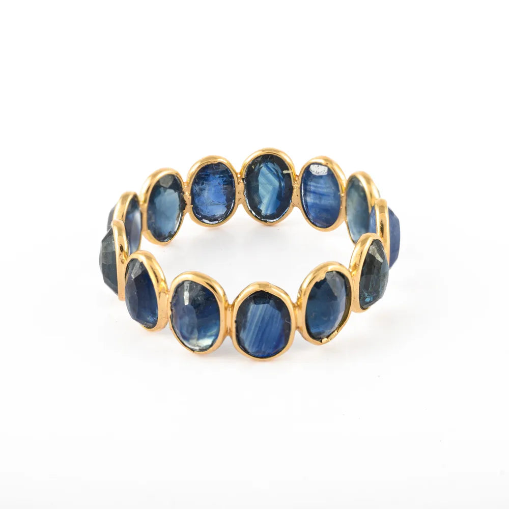 Handcrafted Natural Blue Sapphire 18K Solid Yellow Gold Full Stackable Band Rings