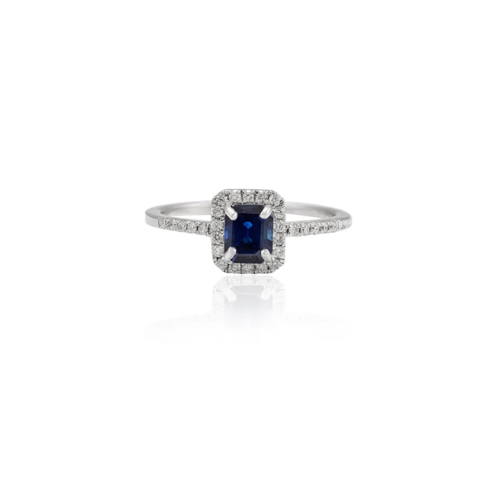 Genuine Precious Gemstone Blue Sapphire & Diamond 18K Solid White Gold Ring