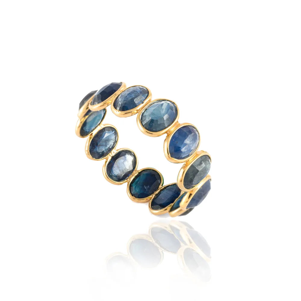 Handcrafted Natural Blue Sapphire 18K Solid Yellow Gold Full Stackable Band Rings