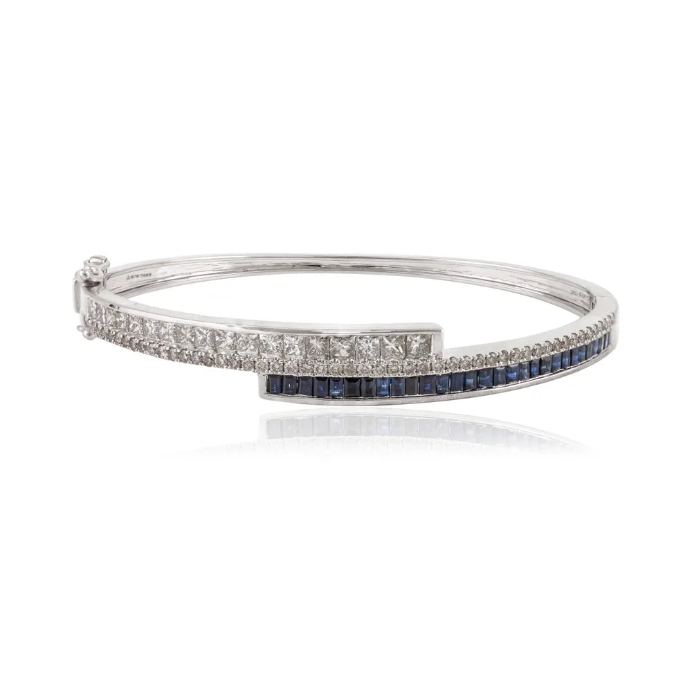 18K Solid White Gold Blue Sapphire & Diamond Cuff Bracelet Custom Jewelry