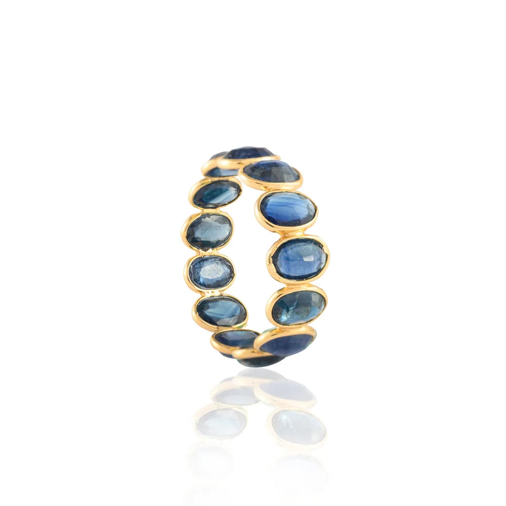 Handcrafted Natural Blue Sapphire 18K Solid Yellow Gold Full Stackable Band Rings