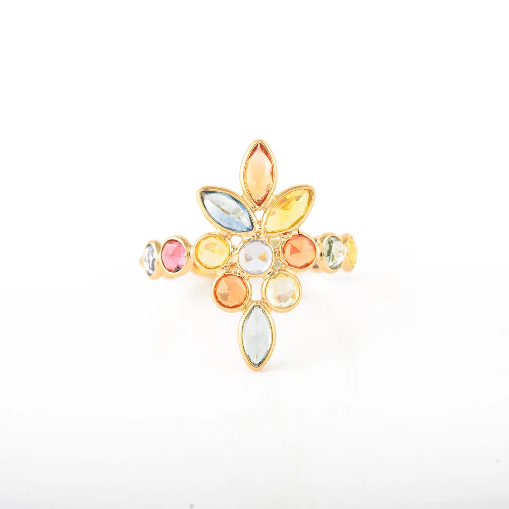 Gemstone Jewelry Natural Multi Sapphire 14K Solid Yellow Gold Flower Rings