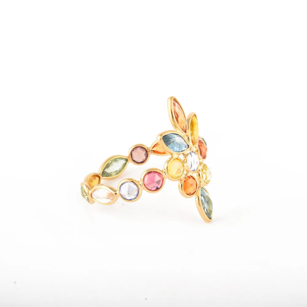 Gemstone Jewelry Natural Multi Sapphire 14K Solid Yellow Gold Flower Rings