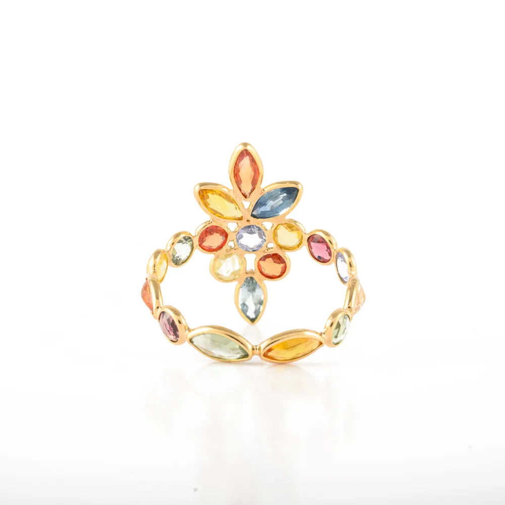 Gemstone Jewelry Natural Multi Sapphire 14K Solid Yellow Gold Flower Rings