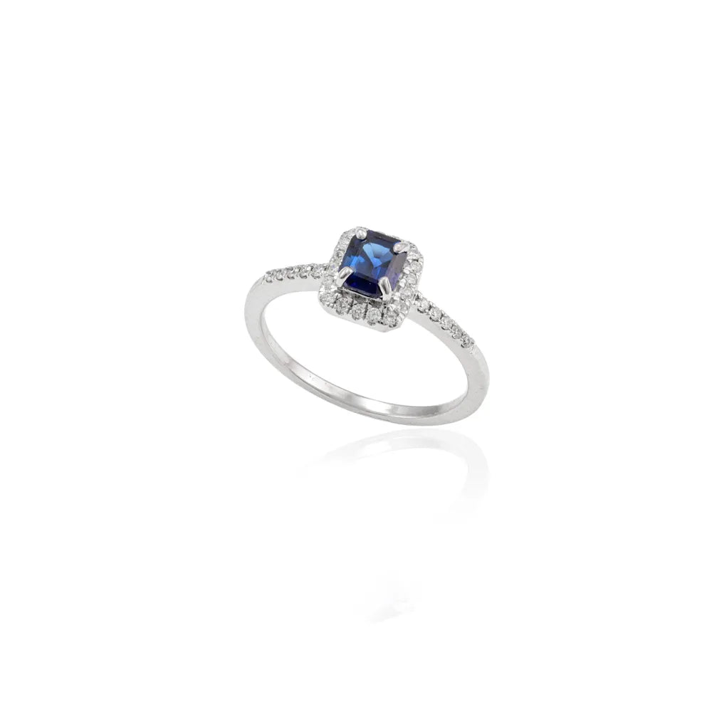 Genuine Precious Gemstone Blue Sapphire & Diamond 18K Solid White Gold Ring