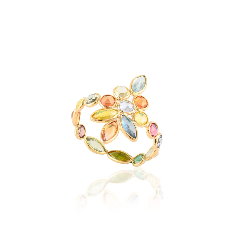 Gemstone Jewelry Natural Multi Sapphire 14K Solid Yellow Gold Flower Rings