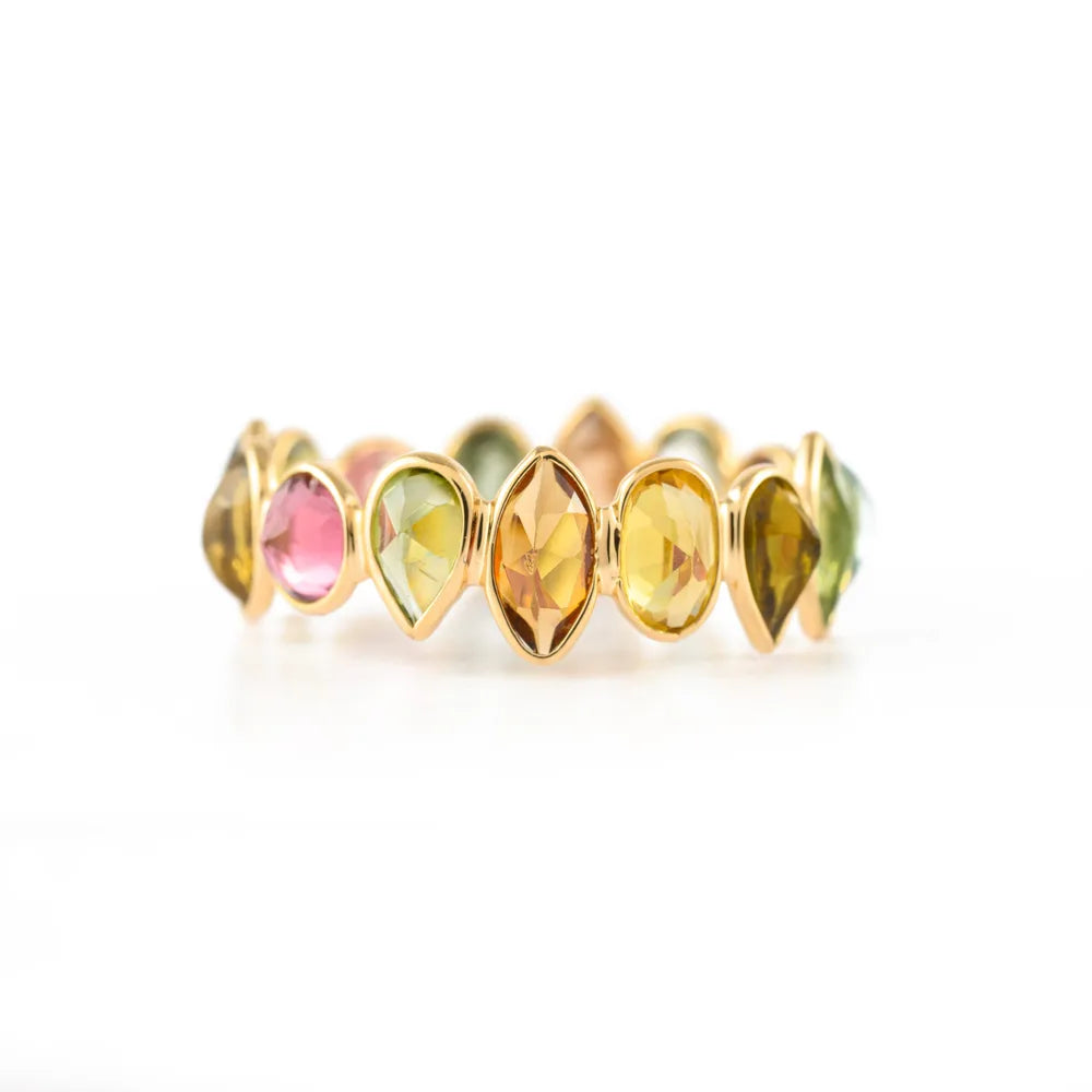 Natural Semi Precious Gemstones Tourmaline 18K Yellow Gold Stacking Band Ring