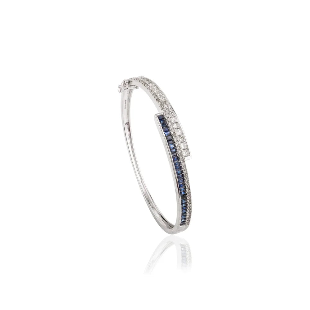 18K Solid White Gold Blue Sapphire & Diamond Cuff Bracelet Custom Jewelry