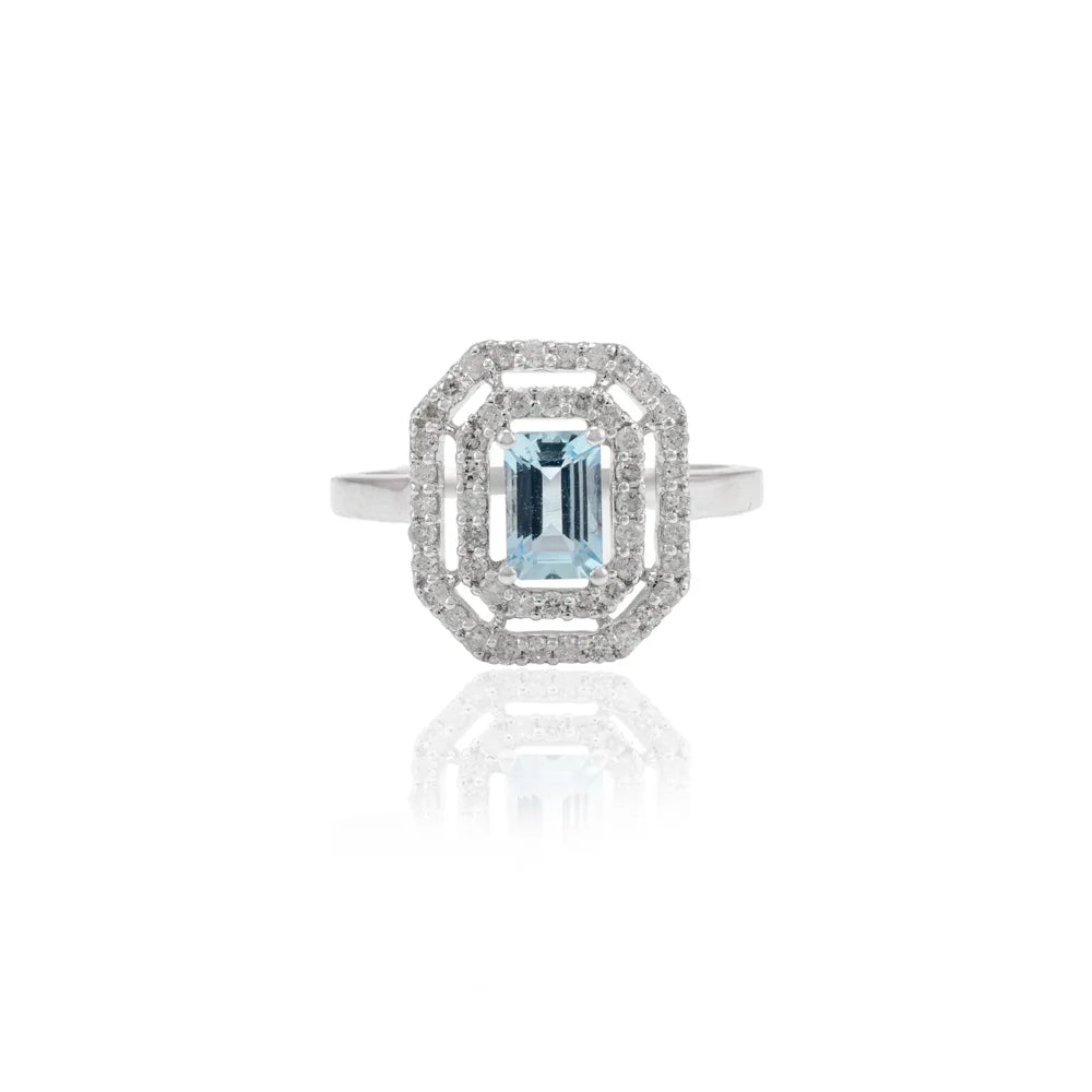 Fashionable Jewelry Natural Aquamarine & Diamond 14K Solid White Gold Ring