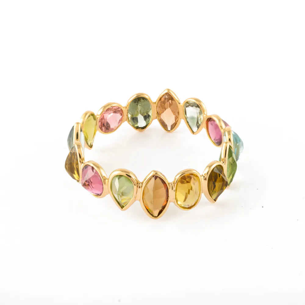 Natural Semi Precious Gemstones Tourmaline 18K Yellow Gold Stacking Band Ring