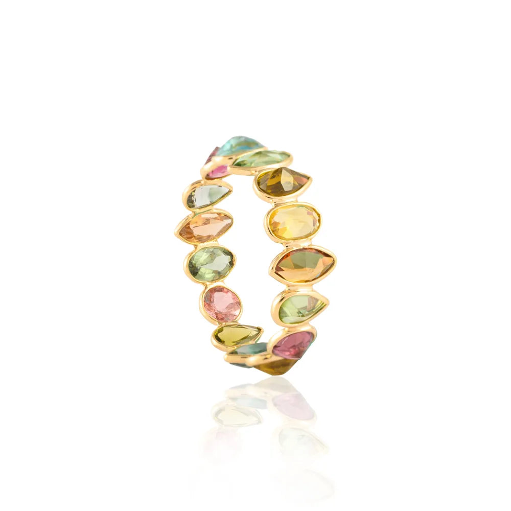 Natural Semi Precious Gemstones Tourmaline 18K Yellow Gold Stacking Band Ring