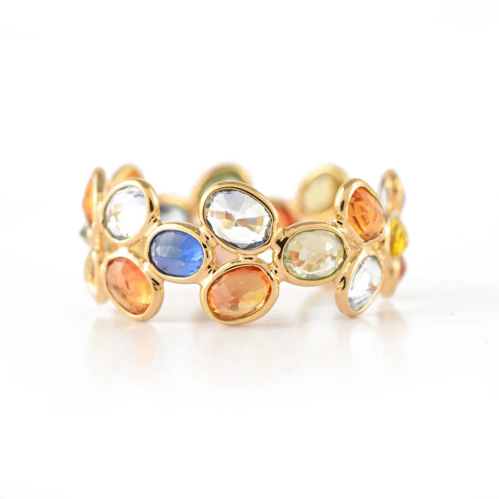 Handmade Natural 14K Solid Yellow Gold Natural Multi Sapphire Gemstone Stackable Band Ring