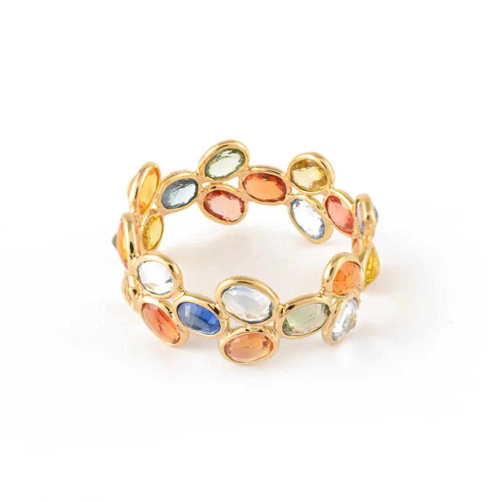 Handmade Natural 14K Solid Yellow Gold Natural Multi Sapphire Gemstone Stackable Band Ring