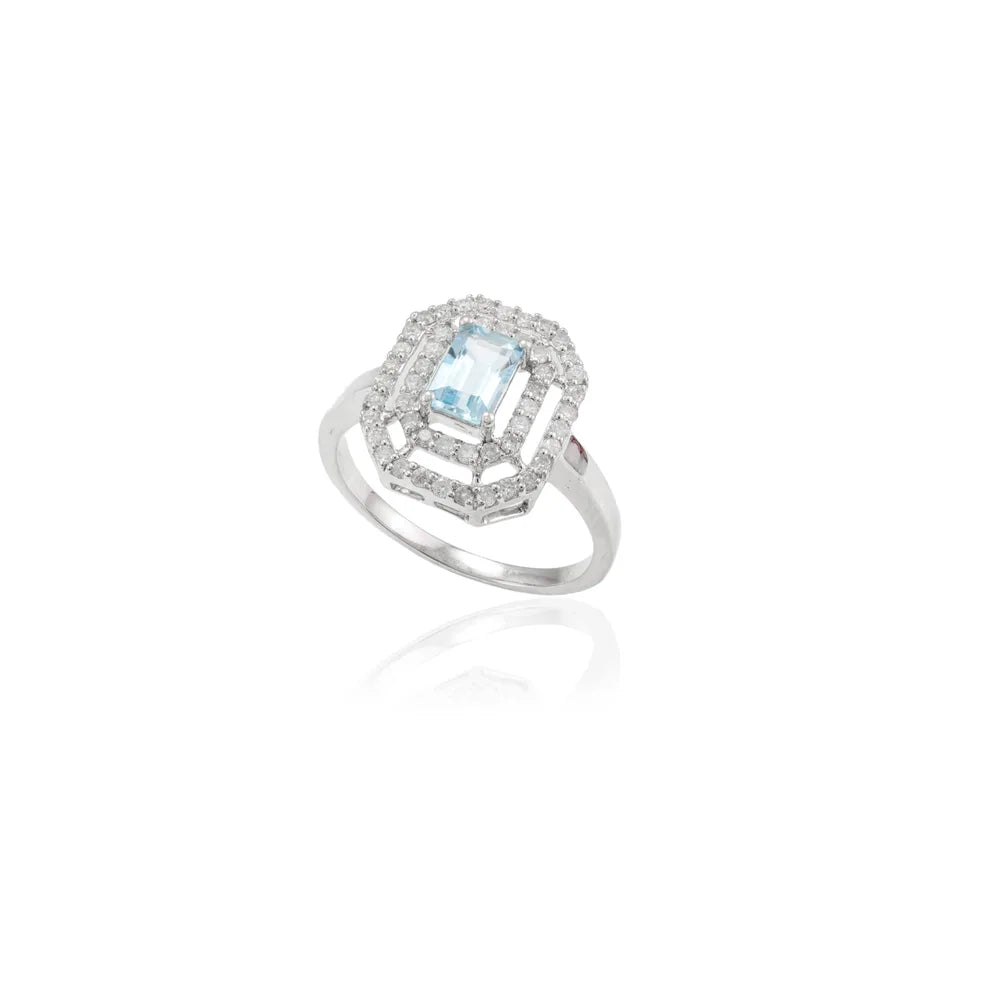 Fashionable Jewelry Natural Aquamarine & Diamond 14K Solid White Gold Ring