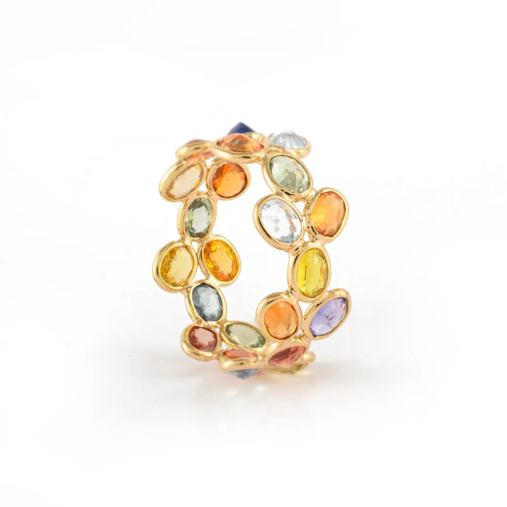 Handmade Natural 14K Solid Yellow Gold Natural Multi Sapphire Gemstone Stackable Band Ring