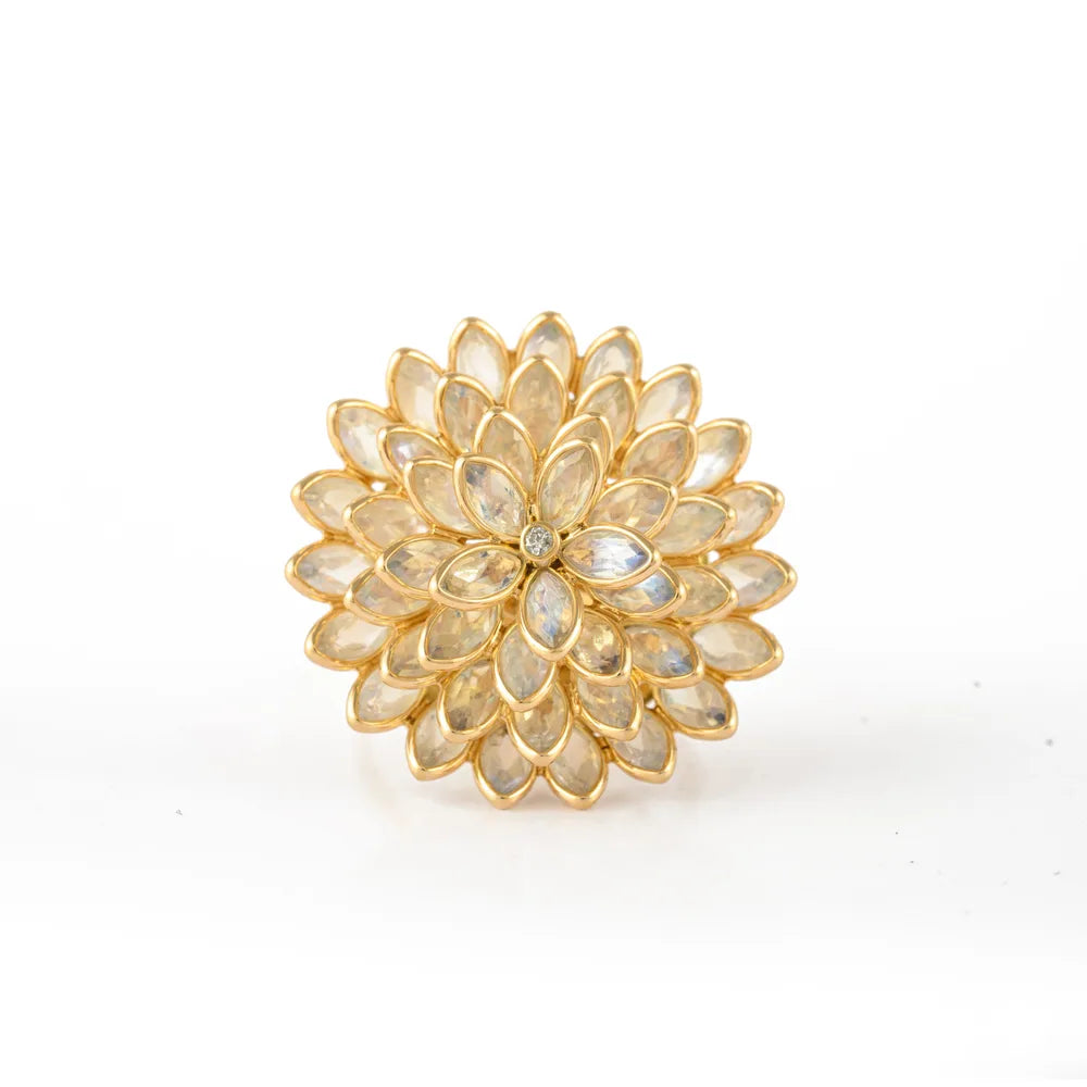 Custom Jewelry Natural Rainbow Moonstone & Diamond 14K Solid Yellow Gold Sunflower Ring