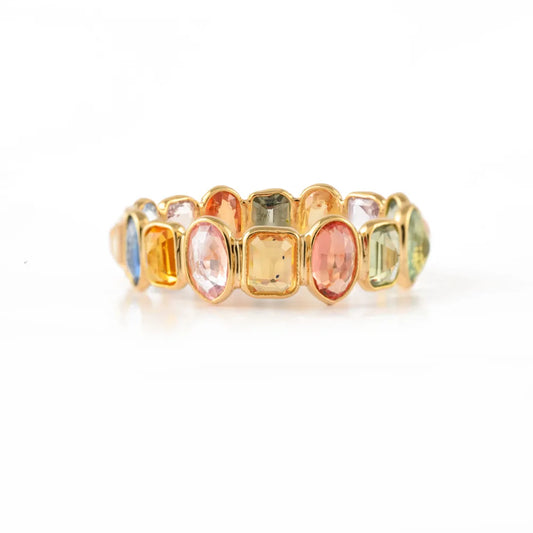 Handmade Natural Multi Sapphire 18K Solid Yellow Gold Full Eternity Band Ring