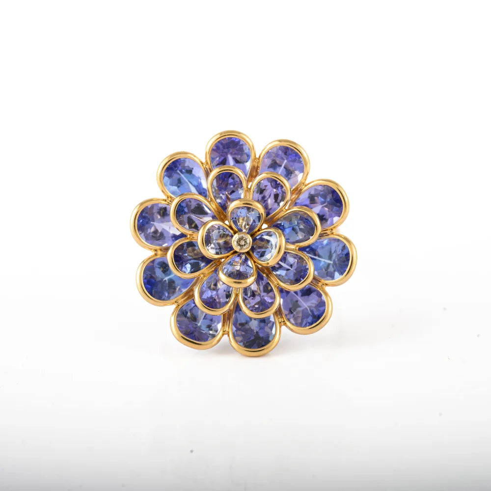 Handmade Jewelry Natural Tanzanite & Diamond 18K Solid Yellow Gold Cocktail Ring