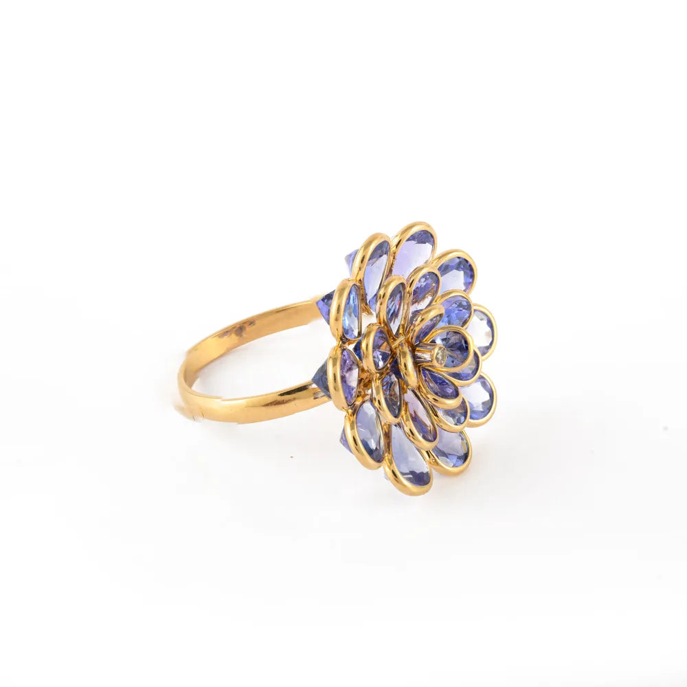 Handmade Jewelry Natural Tanzanite & Diamond 18K Solid Yellow Gold Cocktail Ring