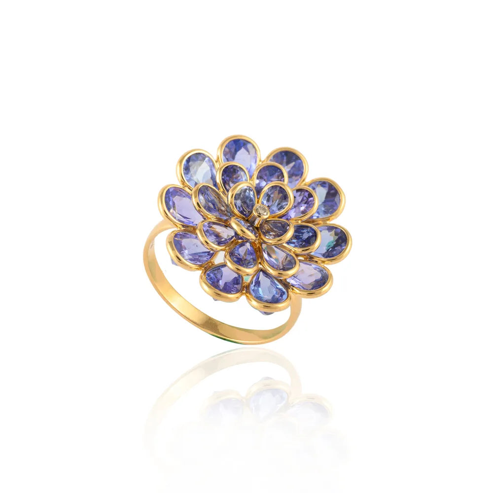 Handmade Jewelry Natural Tanzanite & Diamond 18K Solid Yellow Gold Cocktail Ring