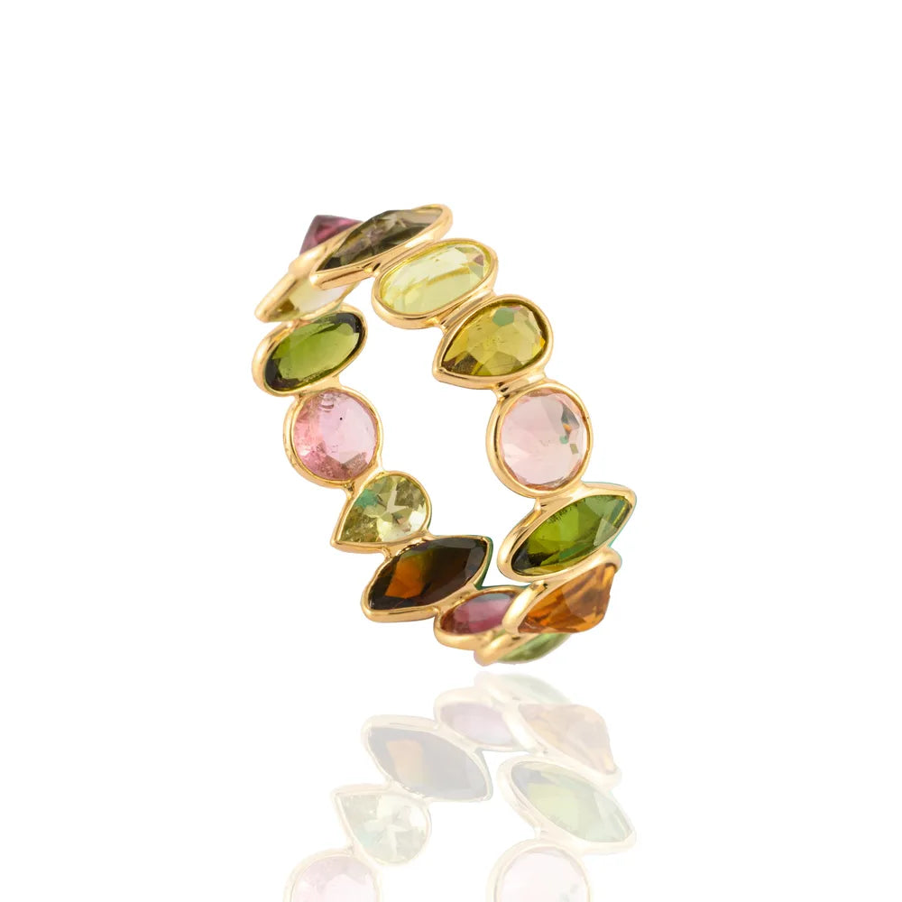 Natural Tourmaline 18K Solid Yellow Gold Full Eternity Band Ring