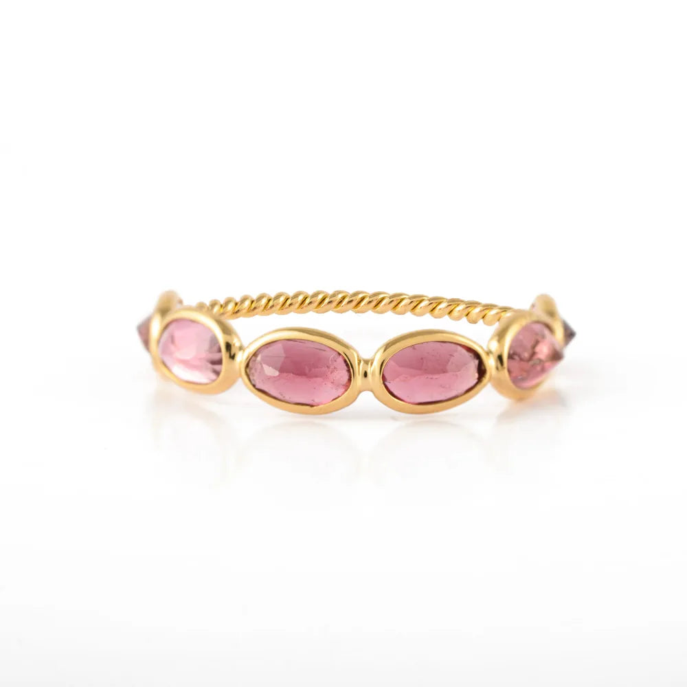 Fine Jewelry Natural Pink Tourmaline 18K Yellow Gold Twisted Band Ring