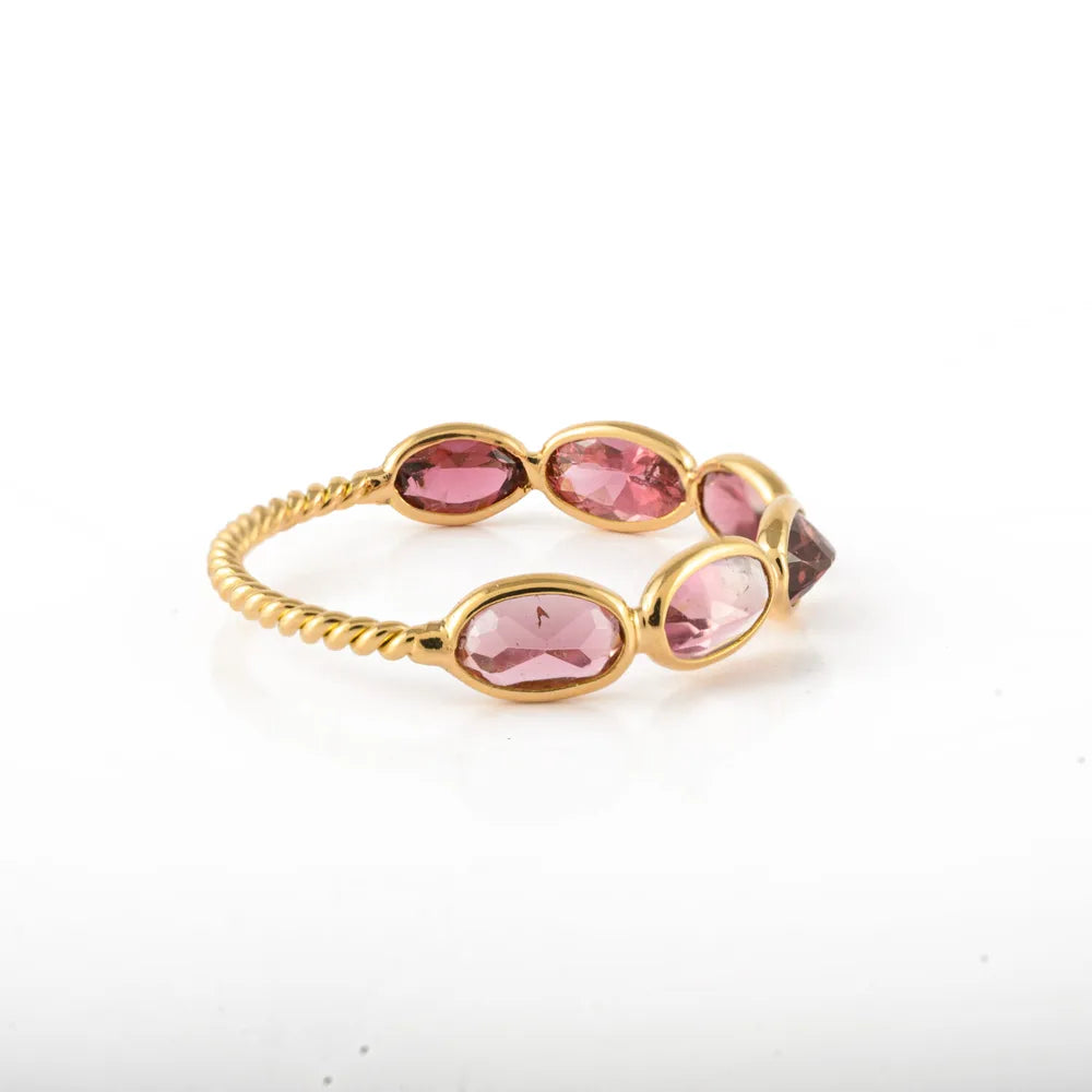 Fine Jewelry Natural Pink Tourmaline 18K Yellow Gold Twisted Band Ring