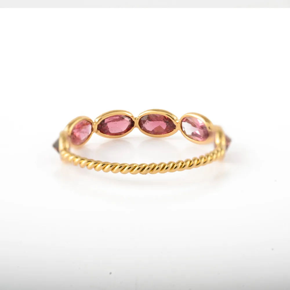 Fine Jewelry Natural Pink Tourmaline 18K Yellow Gold Twisted Band Ring