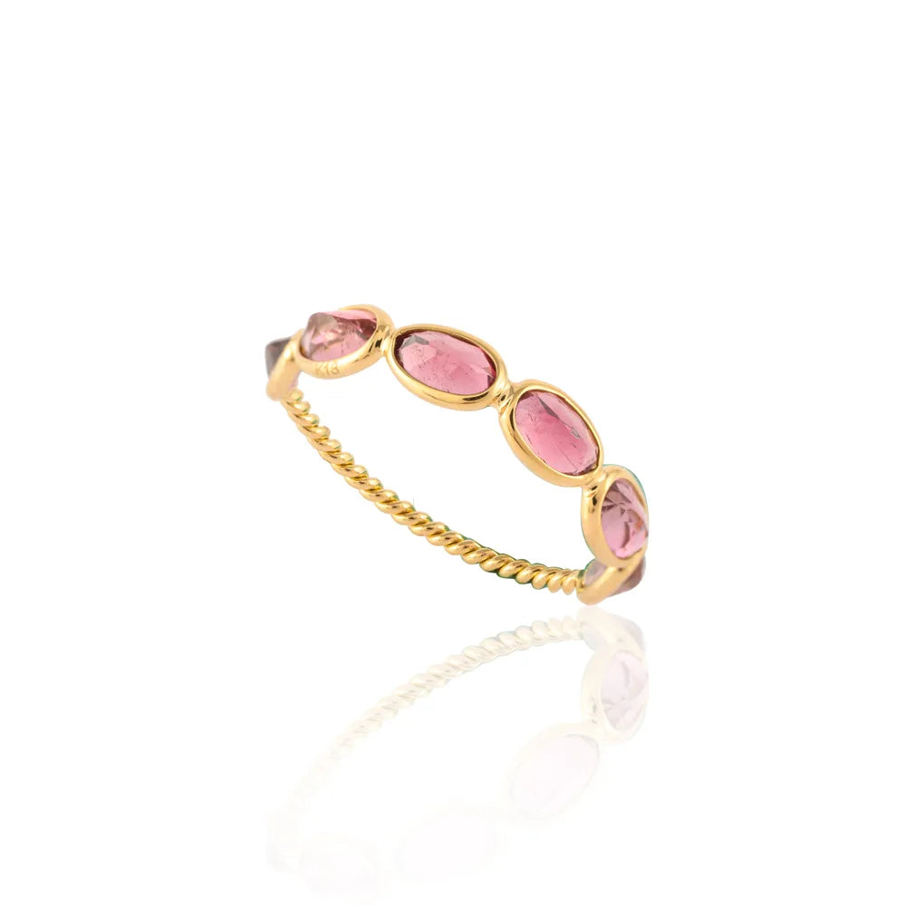 Fine Jewelry Natural Pink Tourmaline 18K Yellow Gold Twisted Band Ring