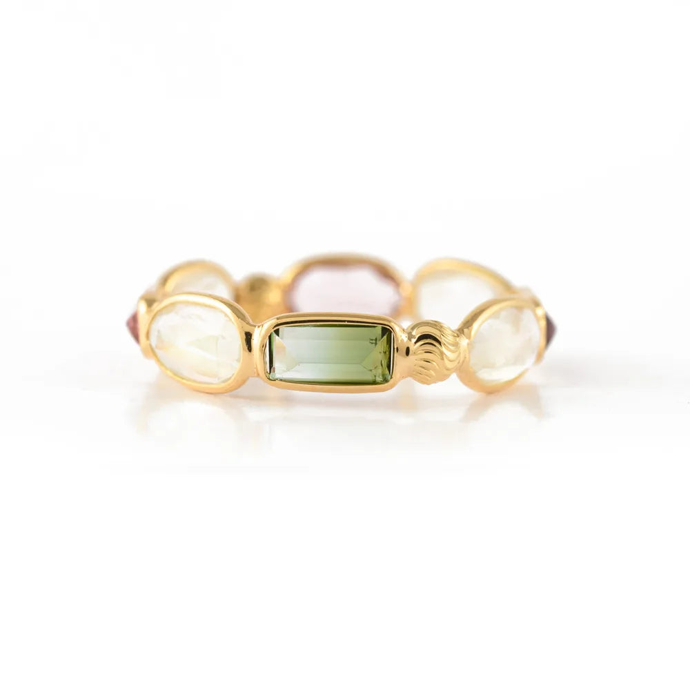 Custom Jewelry 18K Solid Yellow Gold Natural Rainbow Moonstone & Tourmaline Full Stacking Band Ring